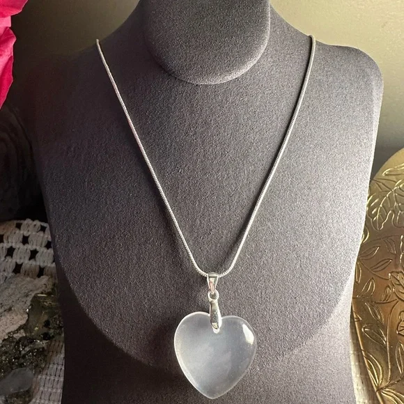 Rose Quartz Heart Pendant Necklace on Silver 925 Bail & Stainless Steel Chain - Picture 6 of 10